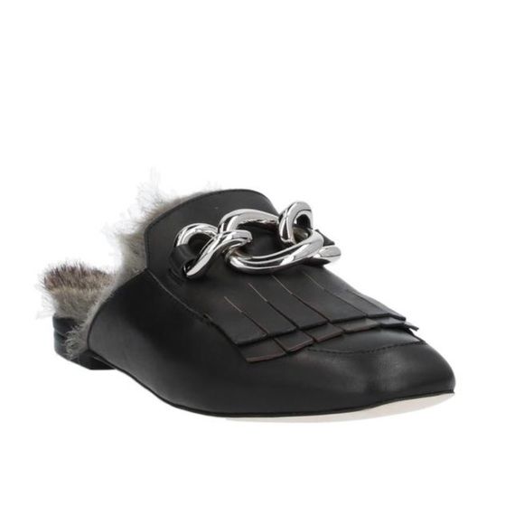 Jeffrey Campbell Shoes - Jeffrey Campbell Leather Faux Fur Mule Slide Loafers Chunky Buckle Size 6